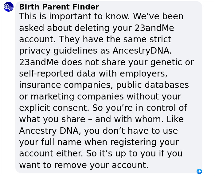 23andMe bankruptcy concerns, text explaining data privacy similar to AncestryDNA, user control emphasized.