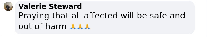 Valerie Steward's message offering prayers for safety after Myanmar earthquake, includes prayer emojis.