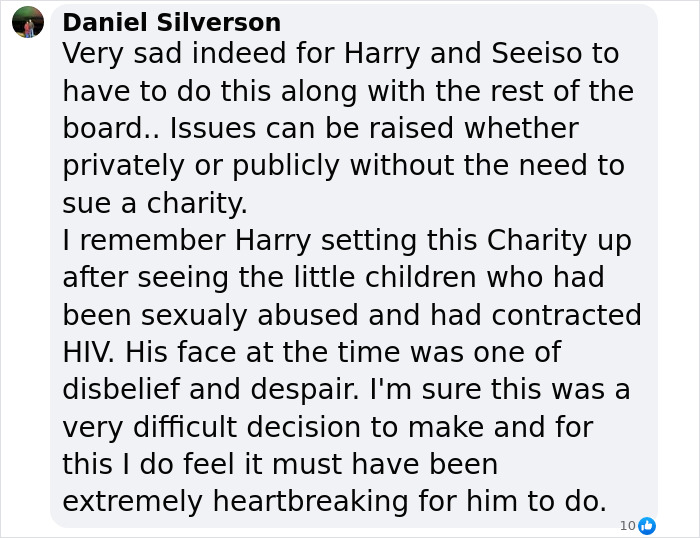 Screenshot of a message regarding Prince Harry and his charity amid bullying accusations.