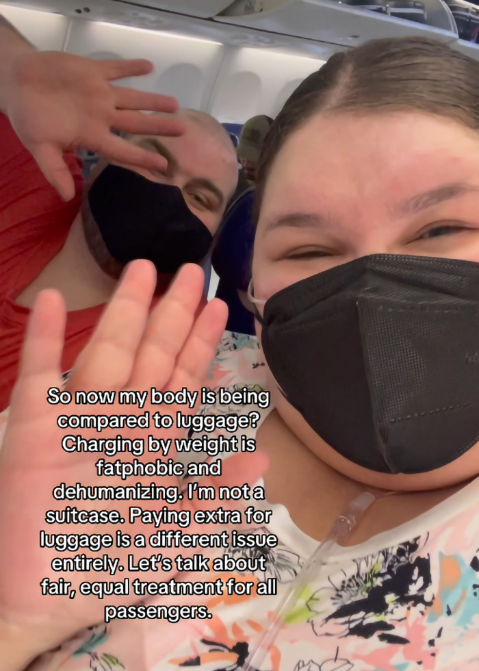 Plus-size woman on a plane responding to trolls about paying extra to fly, promoting equal treatment for all passengers.