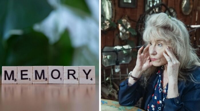 Scrabble tiles spell "MEMORY" next to a woman deep in thought, pondering dilemmas.