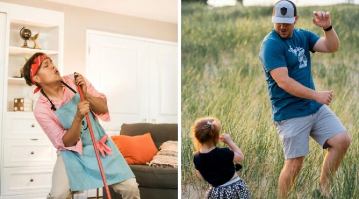 Person sweeping indoors playfully; person dancing with child outdoors, representing fun would you rather choices.