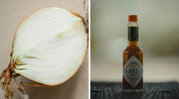 Onion half next to a bottle of Tabasco sauce, illustrating a 'Would You Rather' choice dilemma.