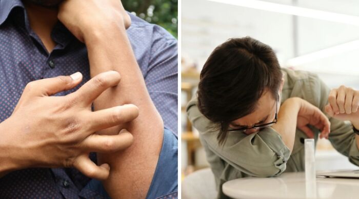Two people experiencing dilemmas: one scratching an arm, the other sneezing into an elbow.