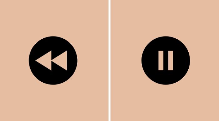 Rewind and pause icons on beige background, symbolizing choices in a 'Would You Rather' dilemma.