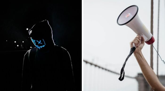 Mysterious figure in LED mask with hoodie, and a hand holding a megaphone; depicting a 'Would You Rather' dilemma.