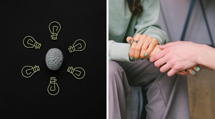 Brain and light bulbs on black, with people holding hands, representing choosing dilemmas in a conceptual setting.