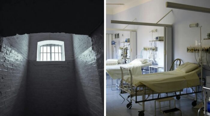 Dark prison cell with barred window on the left and bright hospital room with medical beds on the right, highlighting dilemmas.