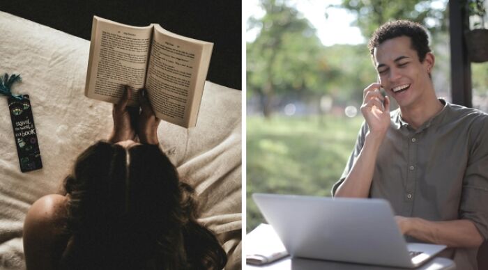 Person reading a book on bed and another smiling on phone, working on laptop outdoors, illustrating a choice dilemma.
