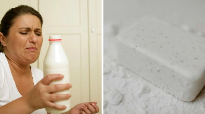 A woman holding a bottle of milk with a disgusted expression, next to a bar of soap on powder, illustrating a dilemma.
