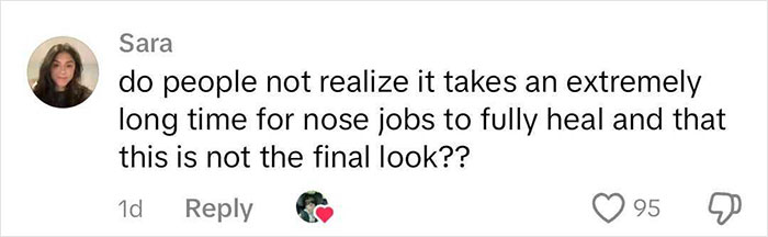 Comment defends rhinoplasty results, highlighting healing time, with a profile image, heart icon, and engagement count.