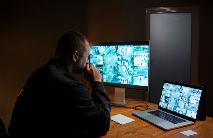 Security guard monitoring surveillance screens, focused in a dimly lit room, reflecting on pregnant-wife-childcare concerns.