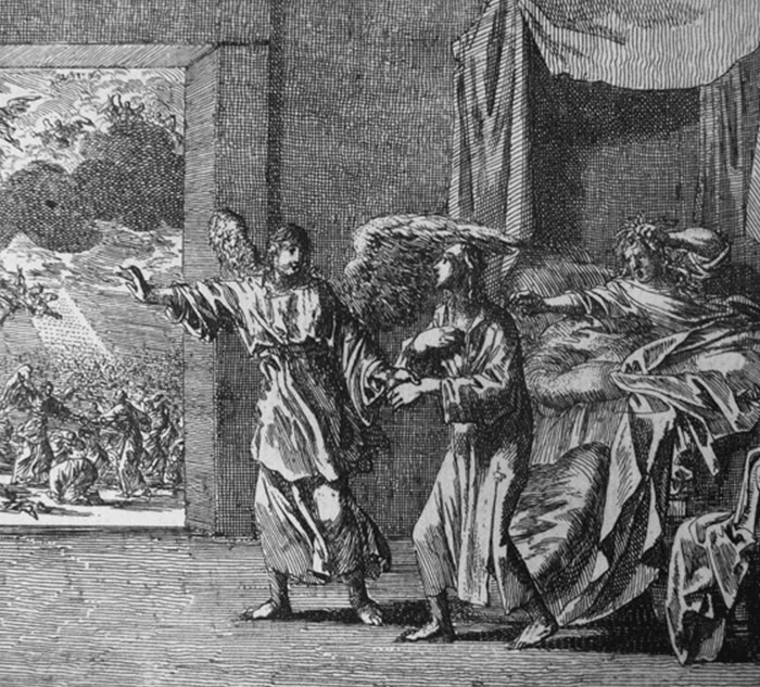 Ancient etching depicting three figures in dramatic poses within an ornate interior, showcasing fascinating historical art.