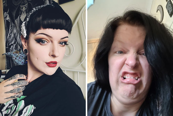 Woman showcasing humor and contrast in two photos, highlighting how different the same person can look.