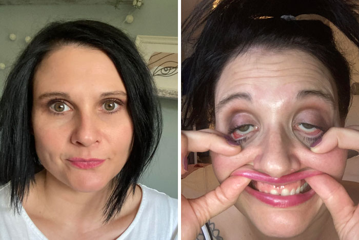 Woman with a sense of humor showing different looks in two photos; one smiling, the other making a funny face.