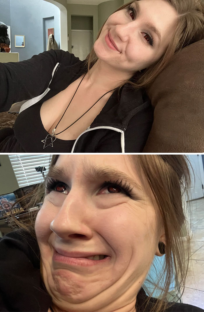 Woman showing humor with contrasting selfies; one smiling, one making a funny face.