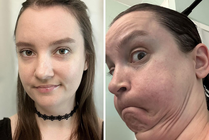 Woman with a sense of humor; two contrasting selfies demonstrating different expressions and angles.