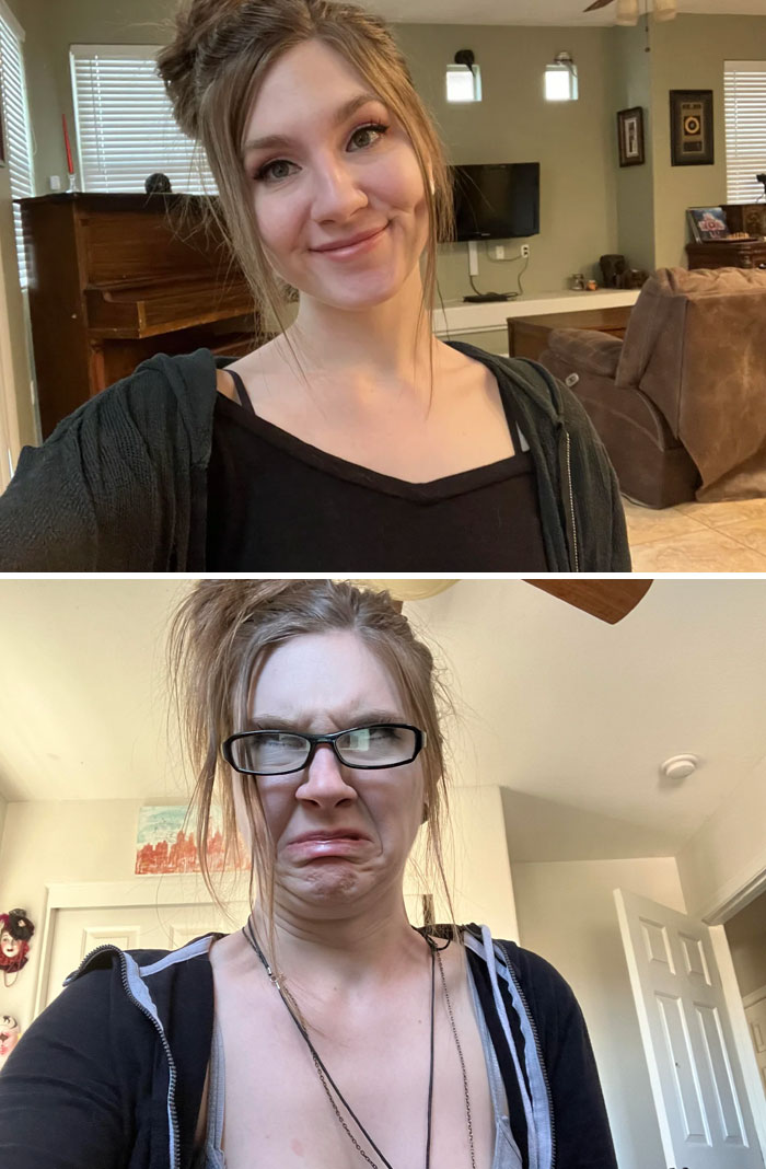 Two photos of a woman showcasing humor through different facial expressions.