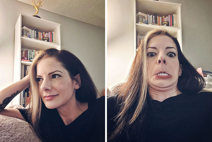 Woman displaying humor with two contrasting facial expressions at home.