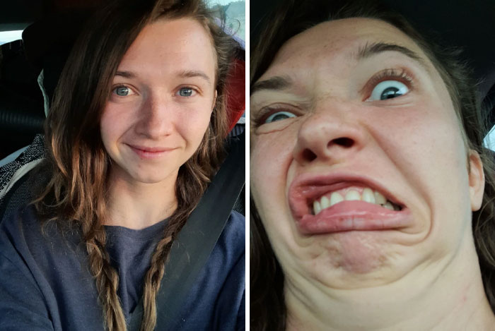 Woman with a sense of humor showcasing different facial expressions in two photos.