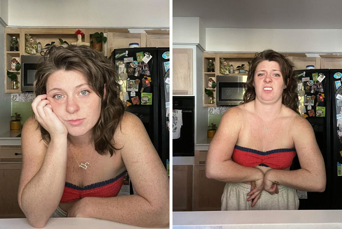 Woman shows humor by posing differently in the same kitchen setting, illustrating how the same person can look very different.