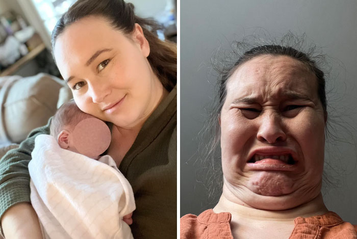A woman shows humor with two contrasting facial expressions in side-by-side photos.