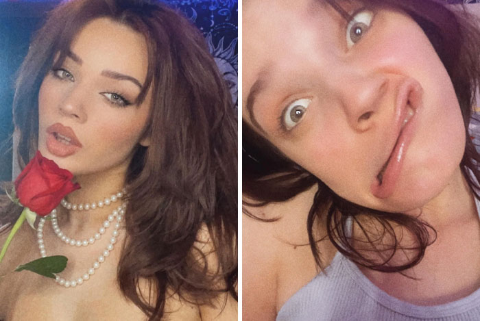 Woman with a sense of humor, glamorous with rose in one photo, and making a funny face in another.