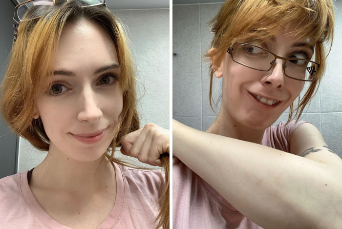 Woman humorously showing different expressions in two side-by-side photos, highlighting varied looks.