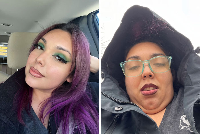 Two photos of the same woman highlighting humor with different expressions and settings, showcasing her versatility.