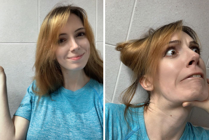 Woman with a sense of humor shows contrasting expressions, smiling calmly in one photo and making a silly face in the other.