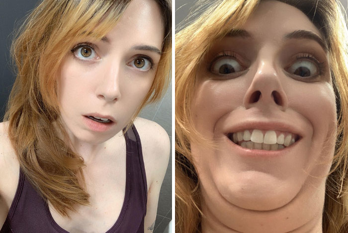 Woman with a sense of humor showing contrasting expressions in two side-by-side photos.