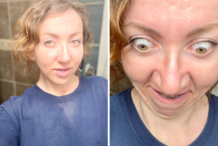 Woman with a sense of humor showing contrasting expressions, highlighting how different the same person can look in photos.