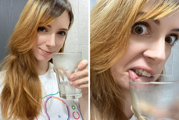 Woman with a sense of humor showing contrasting expressions while holding a glass of water.