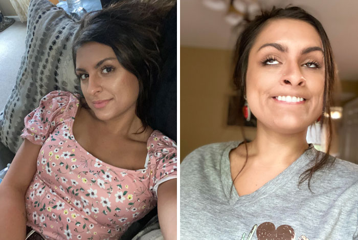 Woman displays sense of humor with two contrasting photos, showcasing different expressions and playful personality.