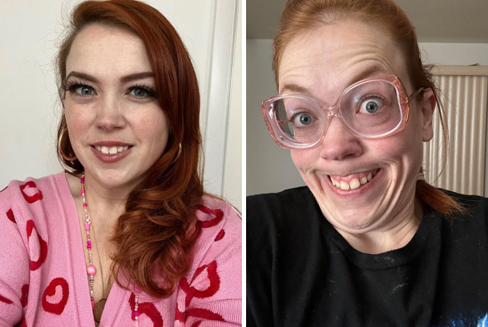 Woman showing humor with contrasting facial expressions in two photos.