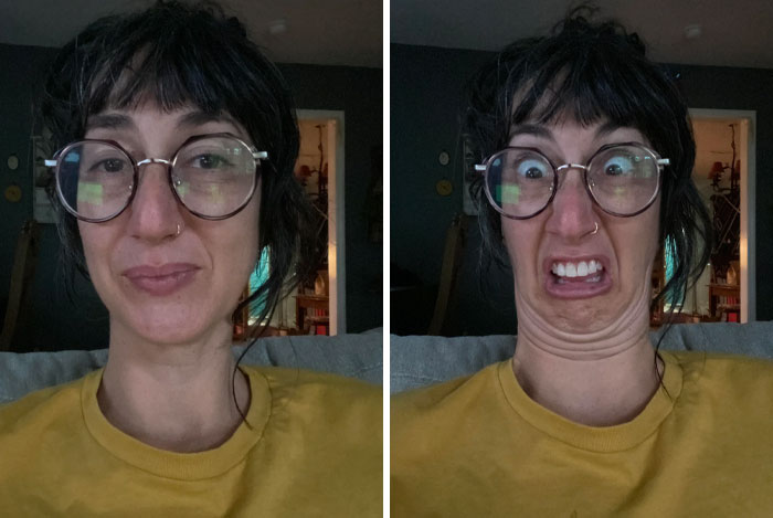 Woman with a sense of humor, showing contrasting expressions in two different photos, wearing glasses and a yellow shirt.