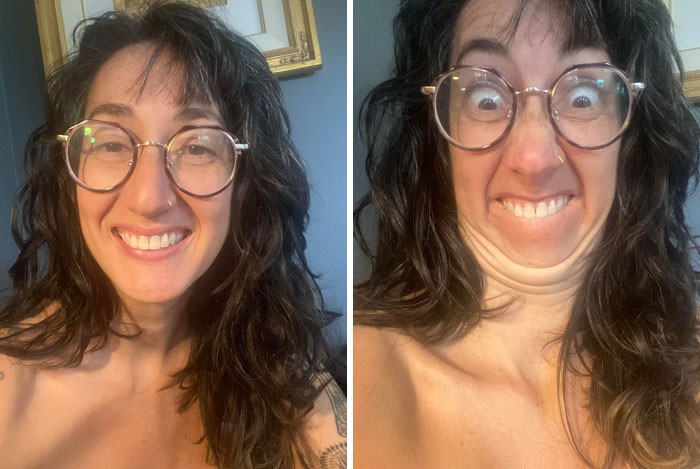 Woman with a sense of humor showing different expressions in two photos, wearing glasses and a smile.