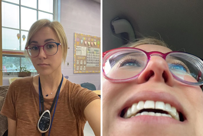 Woman showing humor with two different selfies, highlighting how people can look different in photos.
