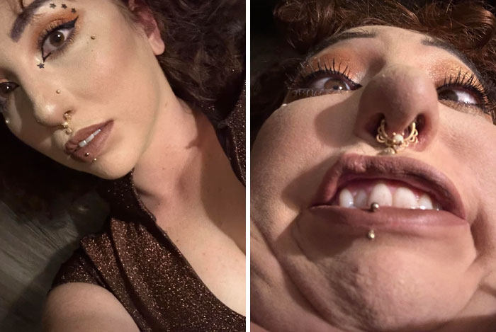 Woman showcasing a sense of humor with contrasting selfies and expressions.