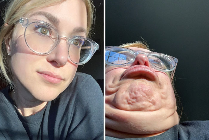 Woman with a sense of humor, wearing clear glasses, shows how different angles change her appearance in two photos.