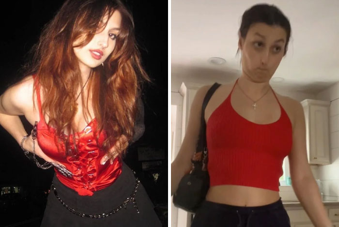 Woman showing humor with contrasting expressions and outfits in two different photos.