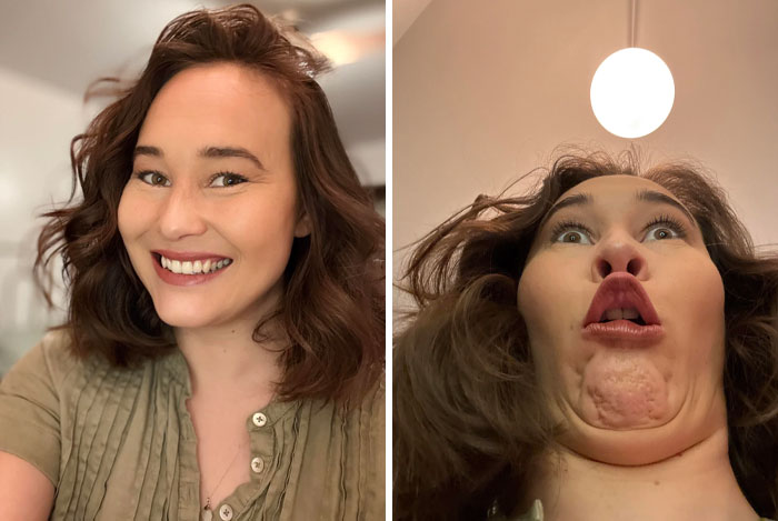 Woman with a sense of humor shows two different expressions: smiling and making a funny face.