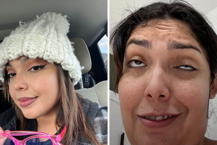 Woman with a sense of humor showing contrasting expressions in two side-by-side photos.