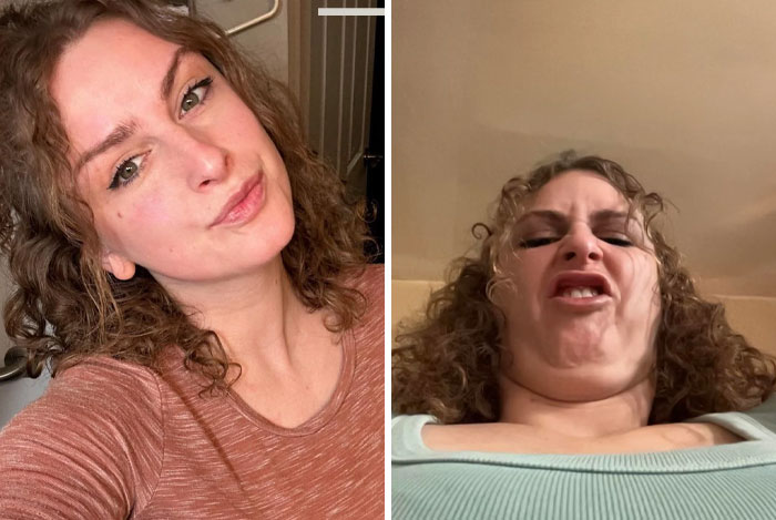 Woman showcases different looks in photos, highlighting humor and versatility.