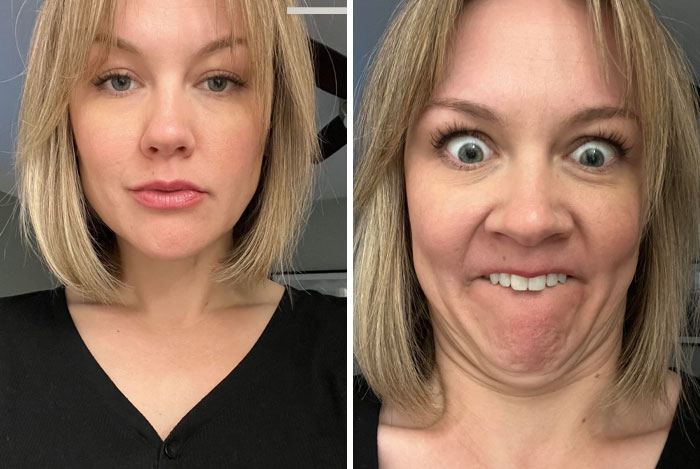 Woman shows humor with contrasting facial expressions in side-by-side photos, highlighting different appearances.