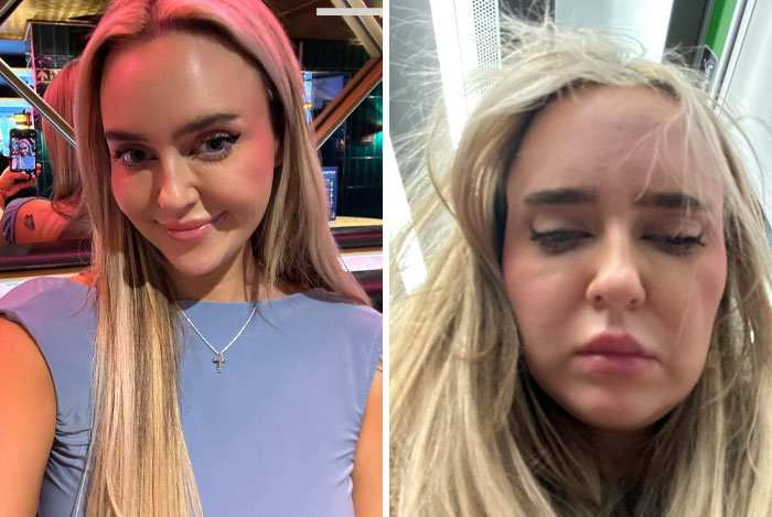 Woman showing humor with contrasting appearances in different photos.