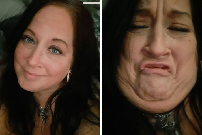 A woman humorously shows contrasting expressions in side-by-side photos, highlighting how different the same person can look.