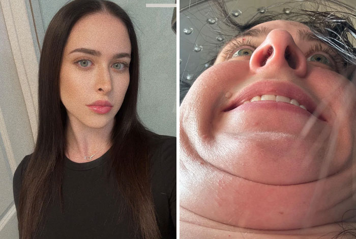 Woman with a sense of humor in two contrasting selfies, showcasing different angles and expressions.