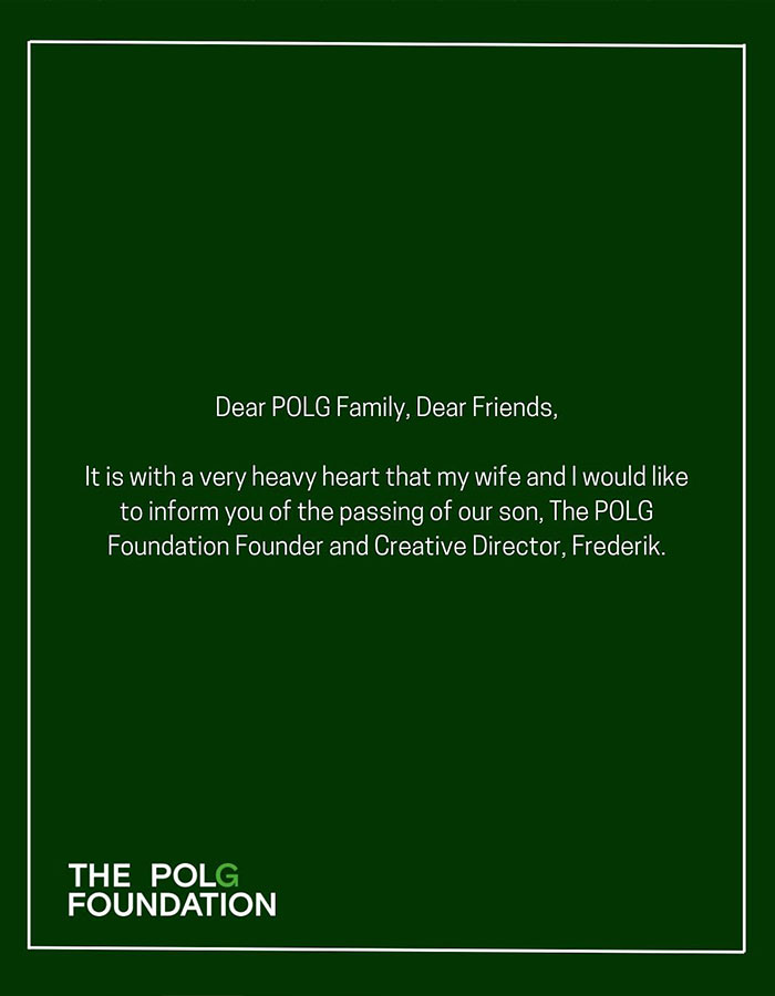 Passing of Prince Frederik announced by POLG Foundation. Passing of Prince Frederik announced by POLG Foundation.