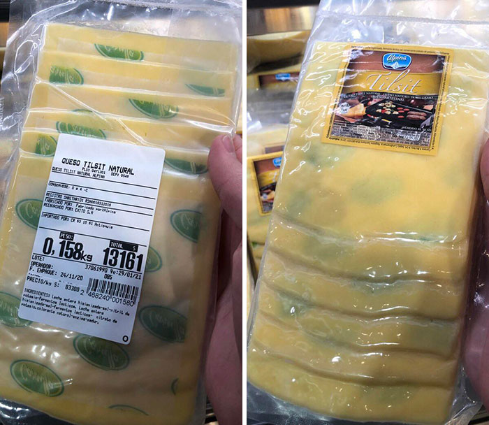 Packaged cheese with upside-down label, illustrating a design fail.